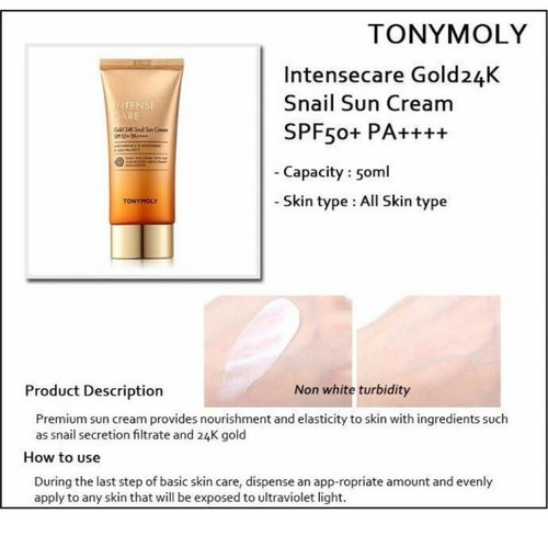 TONYMOLY - Crema antirid, hidratanta cu extract de melc, protectie solara SPF50+ PA++++, Intense Care Gold 24K Snail Sun Cream SPF50+ PA++++ 50ml